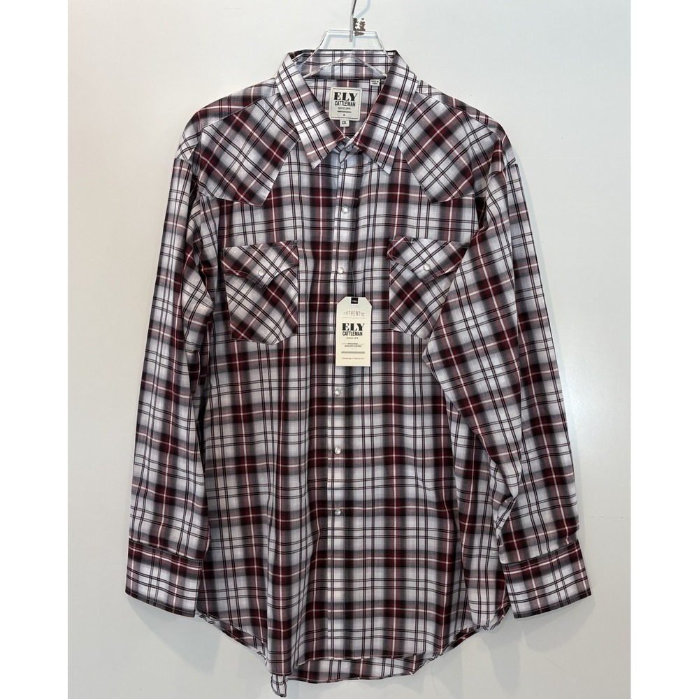 Ely Cattleman Mens XXL Western Pearl Snap Shirt Plaid Burgundy NWT